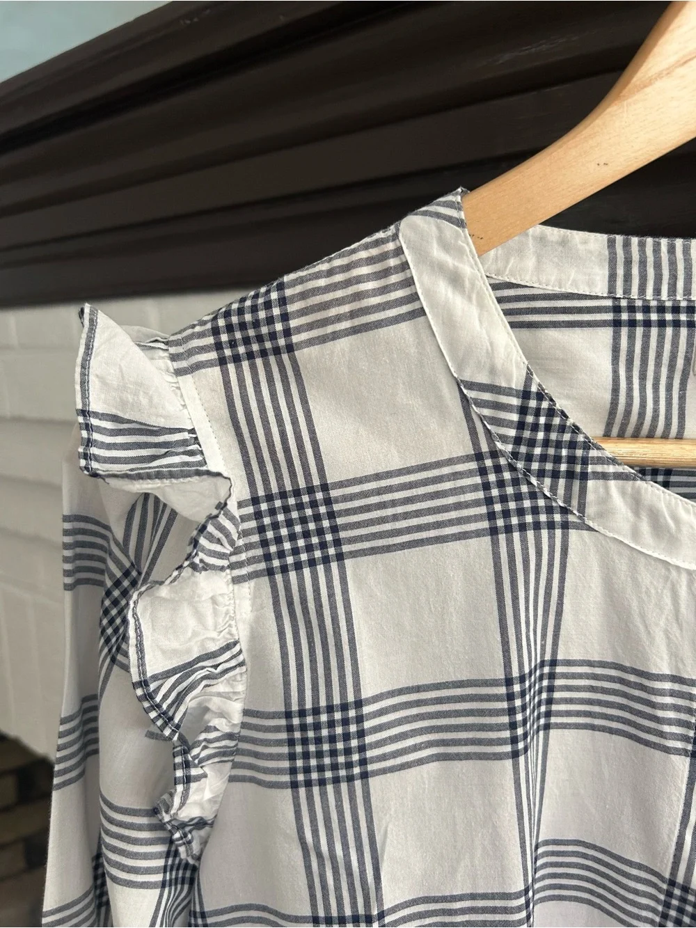 J. Crew White and Black Plaid Ruffle-Shoulder Button-Down Top